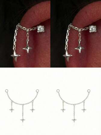 EleRunis 1 Peça Acessório de Estrela de Prata 925 Piercings Brincos Corrente Charm Joias Finas para Uso Diário Casamento Festa Noivado Aniversário Dia dos Namorados