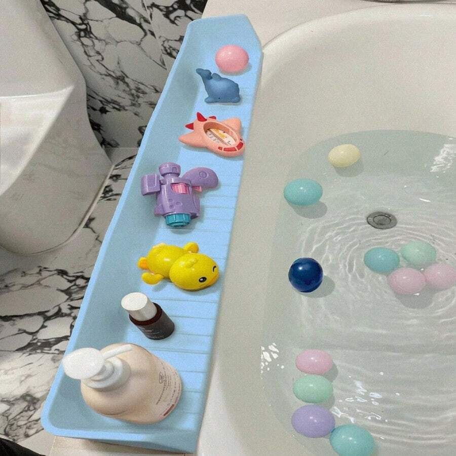 Bandeja para tina con protector de salpicaduras de silicona resistente al moho para niños organizador de accesorios de baño extralargos con ventosas fuertes soporte para área de juego y - Azul - Ver 1
