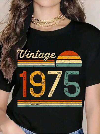 1 pieza Camiseta vintage 1975 para mujeres - Diseño retro de sol, regalo de cumpleaños estilo años 70, ropa casual unisex para celebraciones del año de nacimiento 1975, perfecta para el 40º aniversario o amantes de la moda nostálgica 180g 100% algodón suave