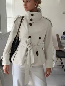 Vusalt 女士复古宽松短款高领休闲通勤风衣，适合女士外套、春季服装、通勤办公装、日常穿着、街头时尚。 - 米色 - 查看 7