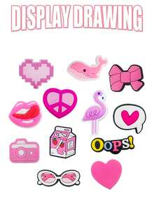 16/19/35 件粉色系列狗狗、章鱼、爱心、冰淇淋、连衣裙、眼镜、背包可爱学院风鞋饰，适合女性、成人和青少年，卡哇伊鞋饰配件 DIY 礼物 - 玫紅色 - 查看 8