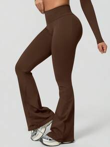 NcmRyu 1件装 女士纯色无缝简约高腰弹力提臀喇叭运动裤 春季 - 摩卡棕 - 查看 7