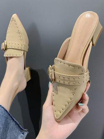New Korean Retro Mid-Heel Pointed Toe Mule Slippers, Fashion Rivet Casual Outdoor Wear Sandals For Women