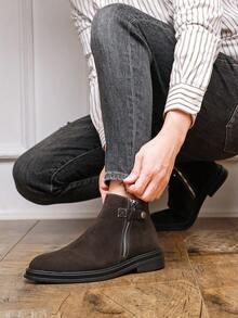 男士真皮靴，复古麂皮靴，尖头增高侧拉链高帮鞋，英伦风切尔西靴，商务休闲中帮日常靴