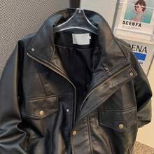Maillard Vintage Stand-Collar Leather Jacket  Men's Elevated Oversized Streetwear PU Biker Coat - màu đen - Xem 3