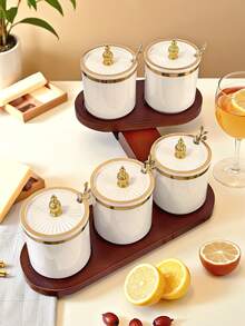 1 Set Wooden Base & Plastic Spice Jars, Kitchen Storage - Brown Wood Spice Jar Gourd Top - View 9