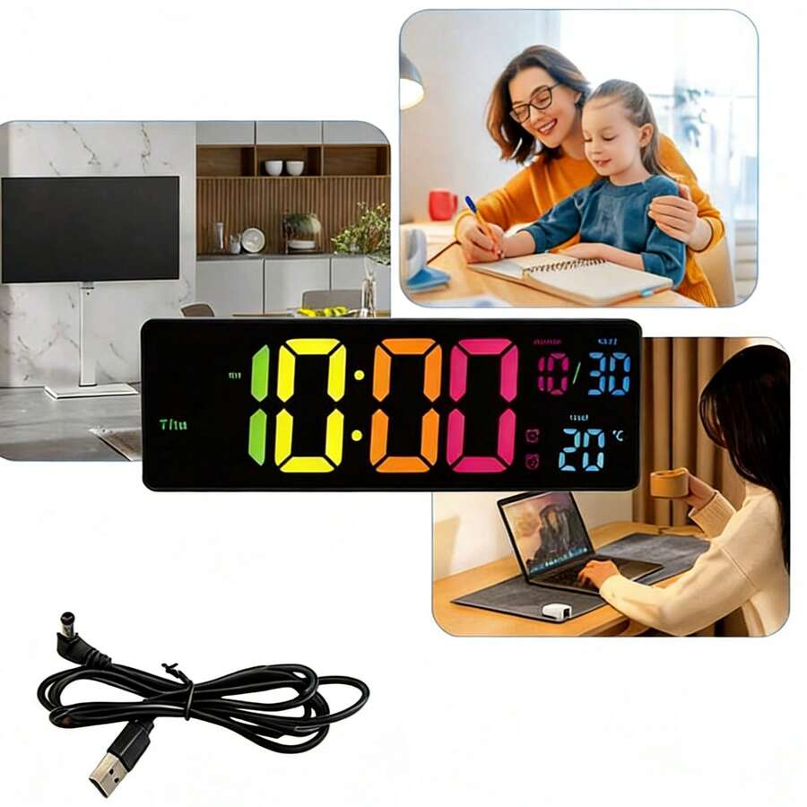 13-Inch Gradient-Color Creative LED Digital Clock, Featuring Multiple Color Gradient Modes To Switch Between. Suitable For Various Places Such As Offices And Bedrooms. Equipped With Various Colors And Soft Gradient Lighting Effects, It Is Suitable As A Bedside Table Decoration Item And Also As A Gift. - Multicolor - View 1