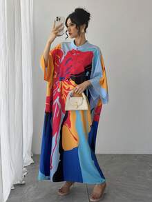 1件女款大碼拼色印花立領單排扣落肩袖晨袍，優雅度假派對長袍，女友秋季度假穿搭 - 藍色 - 查看 5