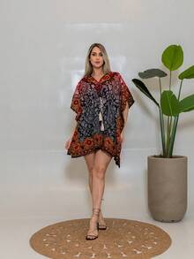 KIARA BRAZIL Women's Short Printed Boho Chic Dress | Loose Kaftan With Tie And V-Neck – Summer - AE-25111 - 紅色 - 查看 1
