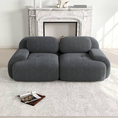 Two-Seater Sofa, 208 Cm Wide, In Corduroy, Modular With Curved Armrests And Non-Slip Base, Highly Elastic Upholstery For Living Room, Bedroom And Home Cinema, Grey