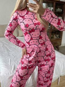 SANRIO 2pcs HELLO KITTY Women Pajama Set, Long Sleeve Top And Pants, Fashionable Vibrant Pink Color, Suitable For Spring And Autumn - Hot Pink - View 2