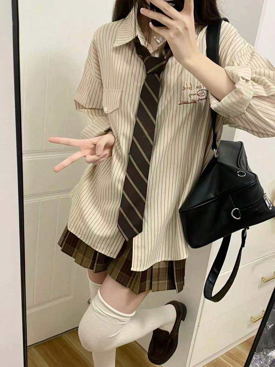 1条日式女童条纹领带，JK制服领带 - 咖啡棕 - 查看 1