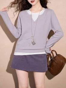 Alicedudu Women's Casual Soft Color Block Pullover Sweater, Spring/Autumn - Dusty Purple - View 5