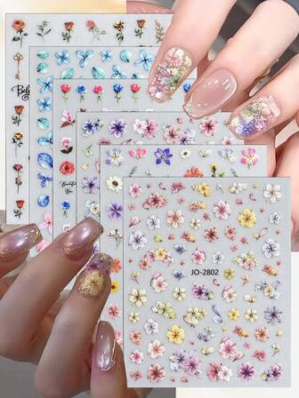 3 Sheets 3D Floral Nail Art Stickers, Colorful Flower Decals For Korean Jelly Nude Manicure, Spring Summer Botanical Designs