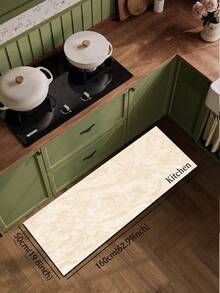 1pc Silica Gel Kitchen Floor Mat, Faux Marble Texture In Light Beige Natural Stone Appearance, With "Kitchen" Text, Approx. 3.5mm Thick, Customizable Size, Suitable For Kitchen, Bathroom, Entryway, Laundry Room, Bedroom, Living Room Decor