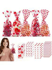 100pcs Valentine's Day Heart Shaped Gift Bags (Including Approx. 120 Pcs Tie Strings), OPP Plastic Candy Cookie Bags, Suitable For Jewelry, Cosmetics And Valentine's Day Gifts - Multicolor - View 9