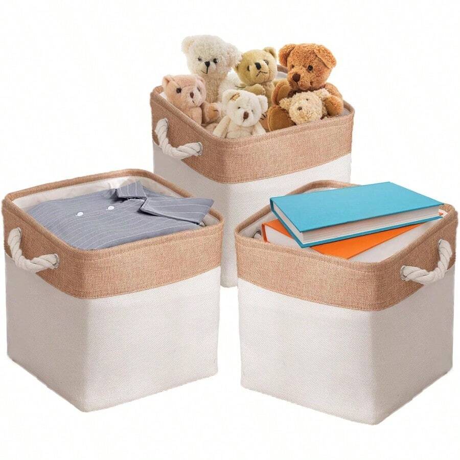 XGECesta de almacenaje para organizar 3 piezas 28 Caja de almacenaje de tela con asas cesta de almacenaje para etes alos ropa Gris Caqui - Caqui - Ver 1