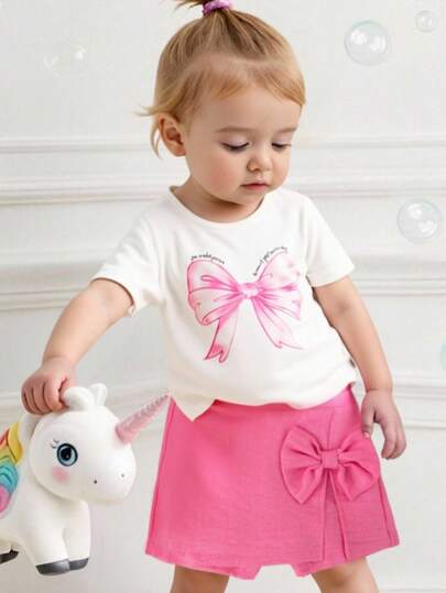 女婴情人节新品字母大蝴蝶结印花短袖圆领上衣+3D蝴蝶结装饰短裙套装，夏季