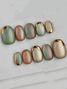 10pcs Oval Green & Red Cat Eye Nail Stickers With Gold Trim, Suitable For Daily Wear And Holidays, Reusable, Great For Women And Girls, Adorable Nail Art Stickers Handmade Press On Nails - Olive Green - View 2