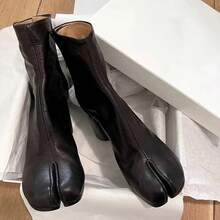 Cowhide Version~Genuine Leather Split Toe Pig Trotter Women's Shoes Look Slim And Thick With Thick Heels. Mid Heeled Boots For Women, Chelsea Women's Short Boots - Đen (một lớp) - Xem 2