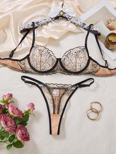 1 set de 2 piezas de lencería de mujer con bordado floral negro, que incluye un sostén transparente bordado y una tanga, adecuado para todas las estaciones.