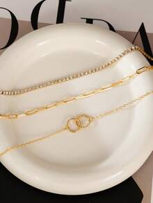 Set de 3 collares de cadena de cristal con doble círculo en capas, adecuado para uso diario, uso en fiestas y como accesorio de joyería para mujeres - Amarillo Oro - Ver 3