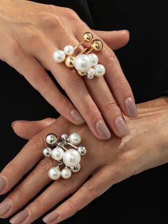 1 Piece Of Design Sense Creative Inlaid Faux Pearl Ring Irregular Round Bead Women's Ring