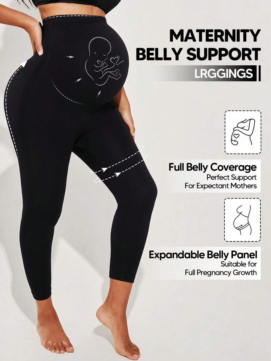 Maternity Solid Color Comfortable Daily Pleated High Waist Leggings Black Spring - Black - View 1