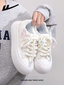 1 Pair WARRIOR Women's Thick Sole Lace-Up Soft Bottom Casual Shoes, Low-Top Outdoor Flat Shoes, Round Toe Low Heel Non-Slip Solid Color Elegant Soft Bottom Hiking Shoes, Suitable For Students, Graduation Photos, Flat Shoes, Low-Top Leather Sneakers - White/Pink - View 8