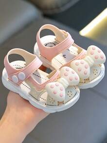幼儿女童包头凉鞋，春夏新款时尚蝴蝶结设计，防踢防撞，软底舒适休闲魔术贴鞋，适合0-4岁儿童 - 粉色 - 查看 1