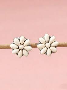 1对复古西部风格绿松石耳环，时尚新款合金镶嵌绿松石花朵耳钉