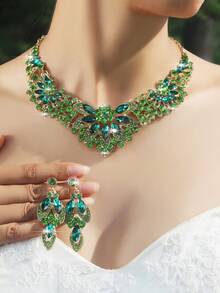 1 套奢华水晶花项链和耳环套装，女士新娘婚礼珠宝配饰