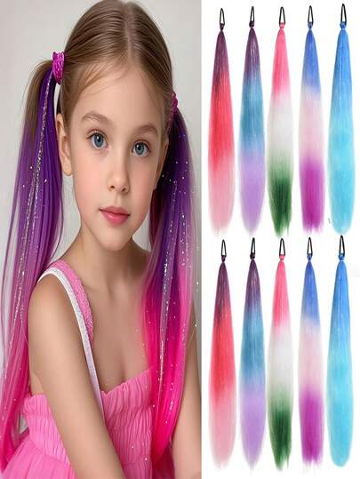 2pcs Ombre Braiding Hair Extensions, Colorful Braided Ponytail Extensions With Shiny Sequins, 26 Inch Extra Large Ponytail Extensions, Suitable For Girls