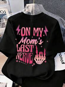 Tween Girls' Slogan Skull Hand Print Round Neck Loose Casual Short Sleeve T-Shirt - Black - View 2