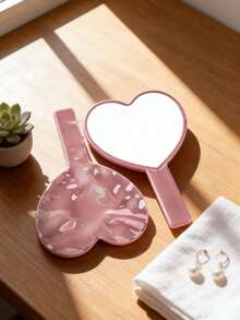 1pc High Quality Handheld Makeup Mirror, Electroplated - Baby Pink - View 10