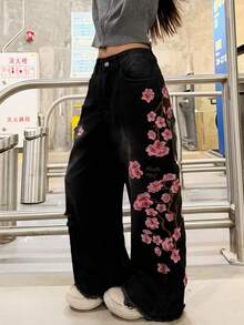 女士做旧刺绣阔腿牛仔裤，宽松舒适休闲街头风牛仔裤，后袋装饰（不含腰带/配饰），春季黑色 - 黑色 - 查看 1