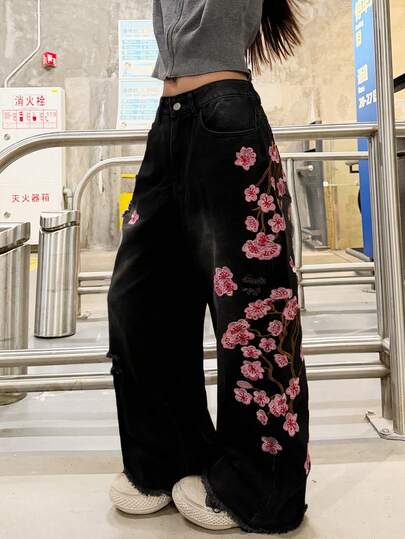 1pc Women's Distressed Embroidered Wide Leg Jeans, Loose Comfortable Casual High Street Wear Denim Pants, Decorative Back Pockets (Belt/Accessories Not Included)