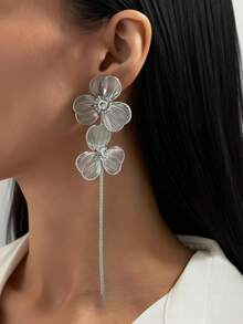 1 Pair Vintage Creative Fashion Metal Hollow Ginkgo Leaf & Flower Earrings, Glamorous Rhinestone Tassel Earrings, Suitable For Women's Daily Wear And Various Banquet Parties As Decorative Jewelry - Flower Earrings - View 2