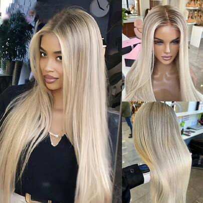 2026 New Arrival Highlight Beige Blonde Wig Human Hair For European White Skin Women 100% Real Human Hair Balayage Straight Ash Blonde Colored Wigs 180% Density Ready To Wear Pre Plucked Salon Quality 18inch 20inch Human Hair Wigs For Women Middle Part 13x4x1 UHD Transparent Lace Front Human Hair Wigs