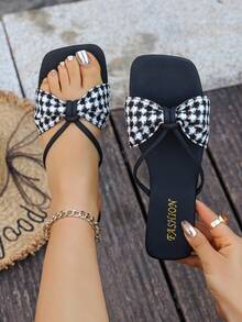 Women's Houndstooth Bow Flat Beach Slippers - Black and White - View 2