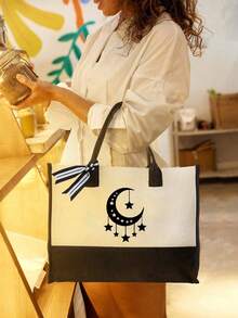 Handtasche aus Leinwand mit Stern- und Mondmuster, große Kapazität, Umhängetasche, Kosmetiktasche, beste wiederverwendbare Einkaufstasche für den Ramadan, Einkaufsästhetik-Handtasche, Freizeithandtasche für Damen, geeignet für Urlaub, Strand und Alltag, tolle Geschenke für Frauen, Mütter, Lehrer, Freunde, Brautjungfern, große Taschen, Studenten, Geschenke zum Valentinstag, zur Hochzeitssaison. - Verschiedenfarbig - Übersicht 2