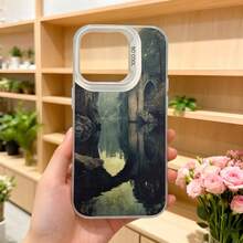 Cubierta de teléfono con diseño de paisaje natural en tonos verdes y grises para iPhone con texto CASETO ideal para uso diario y ocasiones elegantes,Aplicable a los teléfonos de la serie Apple y Galaxy - Blanco - Ver 5