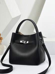 Classic Black Lychee Pattern Three Use Bag, Metal Buckle Embellished Handbag, Wear-Resistant, Versatile, Large Capacity, Multi Back Method Suitable For All Scenarios, Daily Street And Commuting - Black - View 6