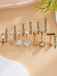 7pcs Stainless Steel Dual Heart Zirconia Navel Rings, 18K Gold Plated Sexy Belly Button Jewelry, Suitable For Festivals