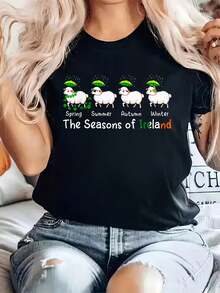 Camiseta 100% algodón Las Estaciones Día de San Patricio Irlanda Cuatro Ovejas Lindas Tréboles Camiseta Casual Impresa 100% algodón Camiseta Mujer, Camisetas de Verano Manga Corta Camiseta Gráfica Tops Mujer - Negro - Ver 6