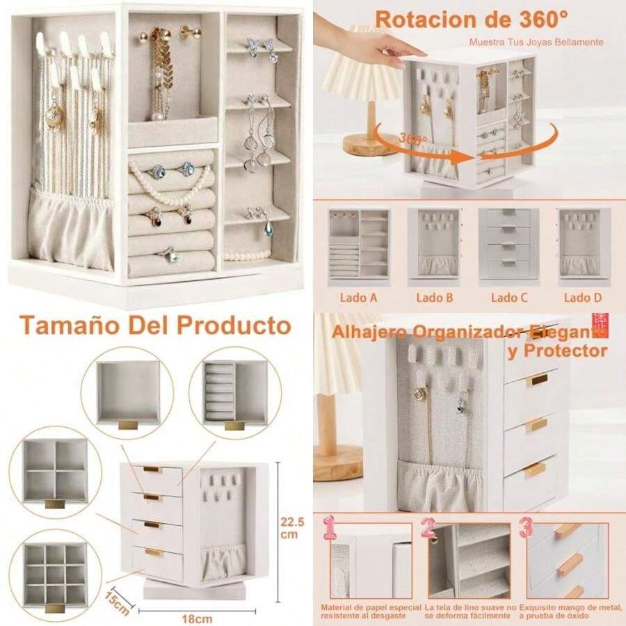 Joyero Organizador Giratorio de 360°, Caja Joyero para Mujer con 4 Cajones, Almacenamiento Vertical, Alajeros Joyeria Mujer Grande para Aretes, Collares, Pulseras Anillos y Todo Tipo de Joyas(default) - Multicolor - Ver 1