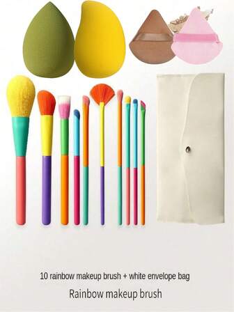 15-Piece Makeup Brush Set, Including 10 Ultra-Soft Dopamine Rainbow Makeup Brushes, 1 Mango Beauty Sponge, 1 Waterdrop-Shaped Beauty Sponge, 3 Triangular Makeup Puffs, And 1 Storage Leather Bag.