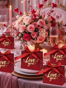 6个情人节爱心礼盒，金色箔纸“爱之翅膀”礼盒，配丝带，可用作婚礼回礼袋、婚礼装饰礼盒、红色心形糖果盒、婚礼派对用品，适用于盛放婚礼糖果和情人节巧克力，礼品包装盒