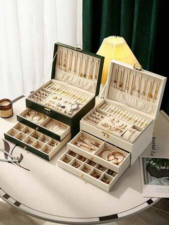 Smyckeskrin med stor kapacitet i 3 lager, Stort förvaringsfodral för smycken, Multifunktionellt smyckeskrin i PU-läder, Smyckesorganiseringsask, Låsbar smyckesförvaringsask, Smyckesorganisatör i lådstil, Smyckestillbehör, Smyckesorganisatör, Lämplig för halsband, ringar, örhängen, klockor, Smyckesorganisation, Smyckeskrinorganisatör, Julklapp, Present till henne, Julklapp