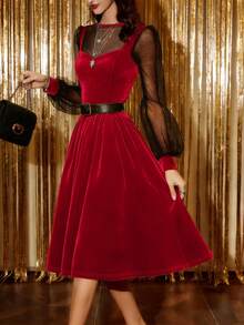 Women's Spring/Summer Velvet Patchwork Mesh Round Neck Puff Sleeve Peplum Mini Dress, Suitable For Valentine's Day, New Year, New Year Red, Music Festival, Wedding Season, Party, Elegant Retro French Style - Red - View 3